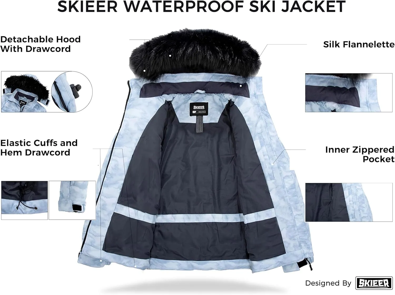 Skieer Women's Waterproof Ski Jacket Warm Puffer Jacket Thick Hooded Winter Coat
