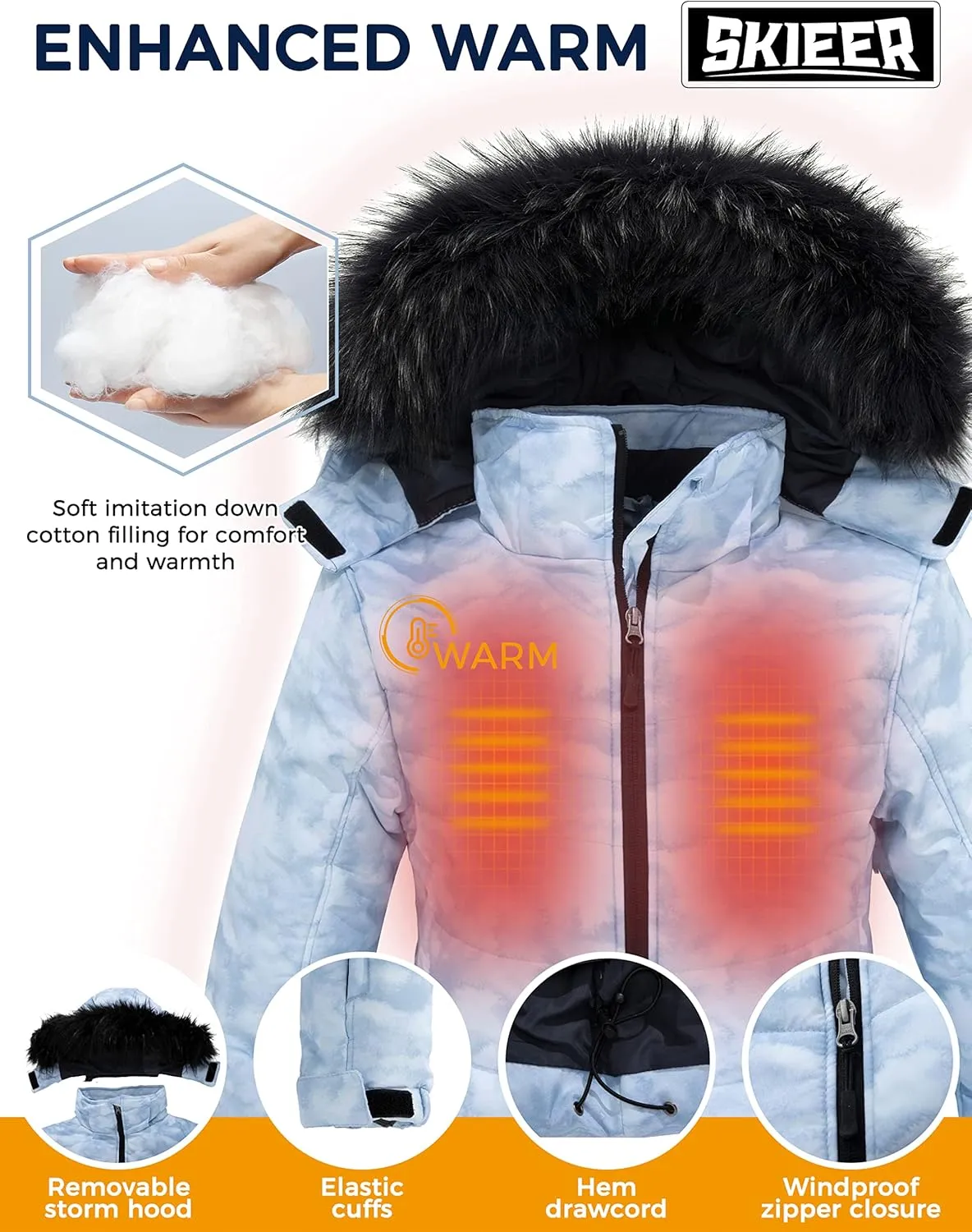 Skieer Women's Waterproof Ski Jacket Warm Puffer Jacket Thick Hooded Winter Coat