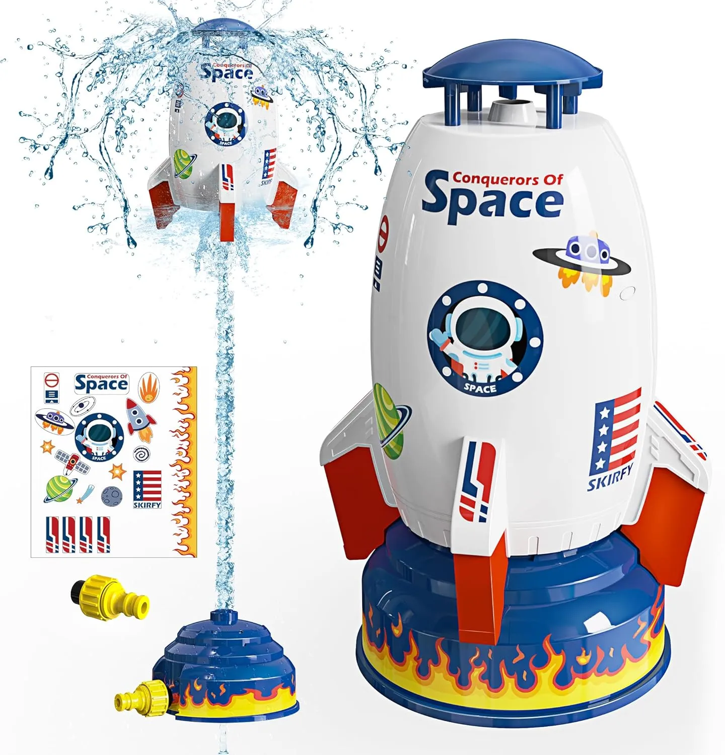 Skirfy Sprinkler Rocket Launcher Outdoor Water Toys for Kids, Rocket Design Water Powered Liftoff 9-16ft & Spin, Summer Garden Lawn Toys & Birthday Gift for Girls Boys Age 3-12 Year Old （White）