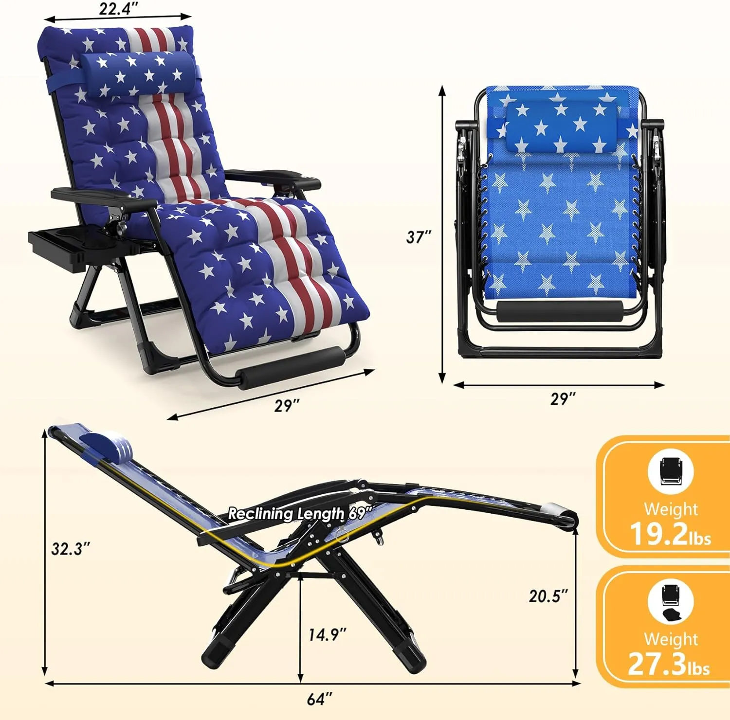 Slendor Oversized Zero Gravity Chairs XL,29IN Padded Anti Gravity Chair, Zero Gravity Lounge Chair, Folding Reclining Patio Chair w/Aluminum Alloy Lock, Headrest, Cup Holder, American Flag