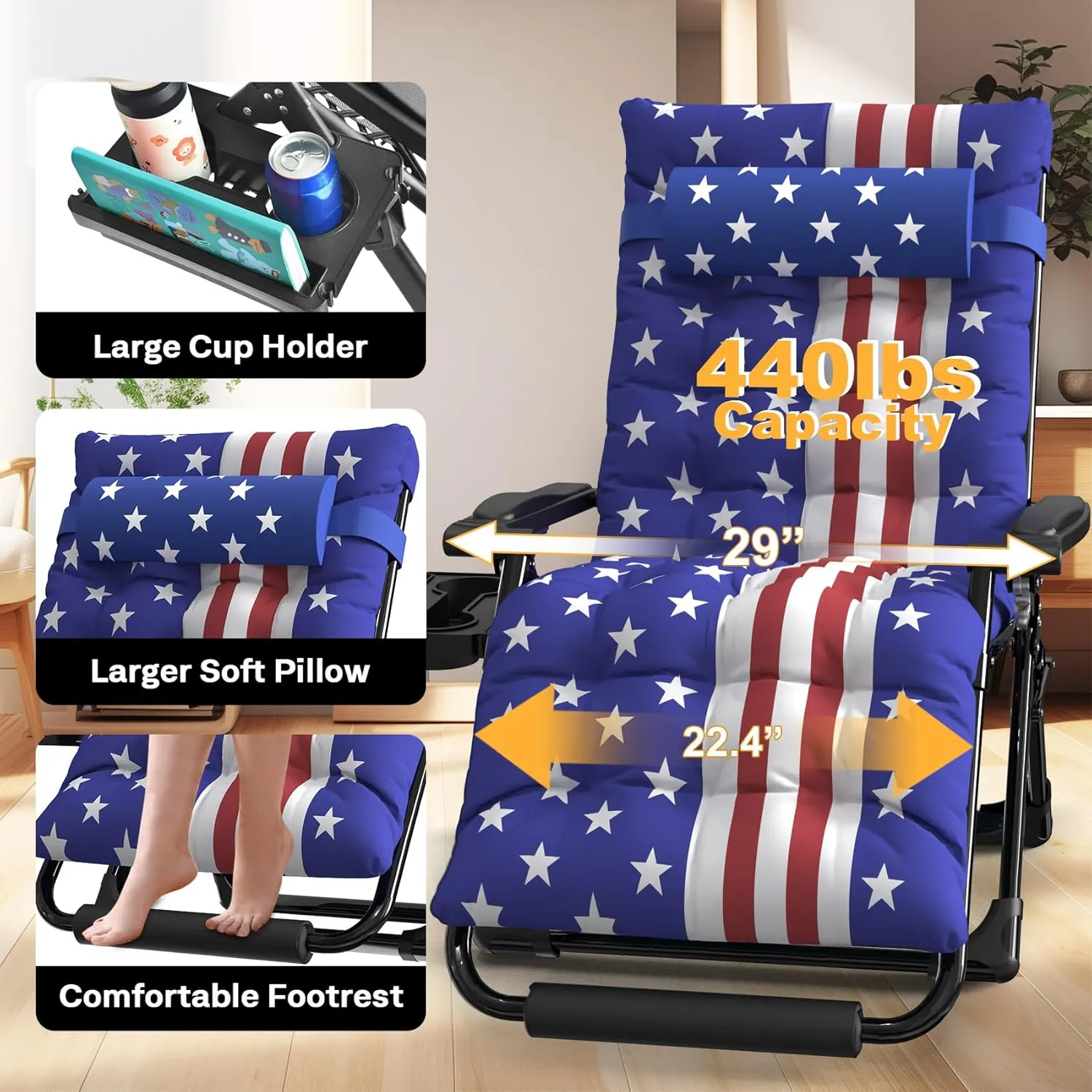Slendor Oversized Zero Gravity Chairs XL,29IN Padded Anti Gravity Chair, Zero Gravity Lounge Chair, Folding Reclining Patio Chair w/Aluminum Alloy Lock, Headrest, Cup Holder, American Flag