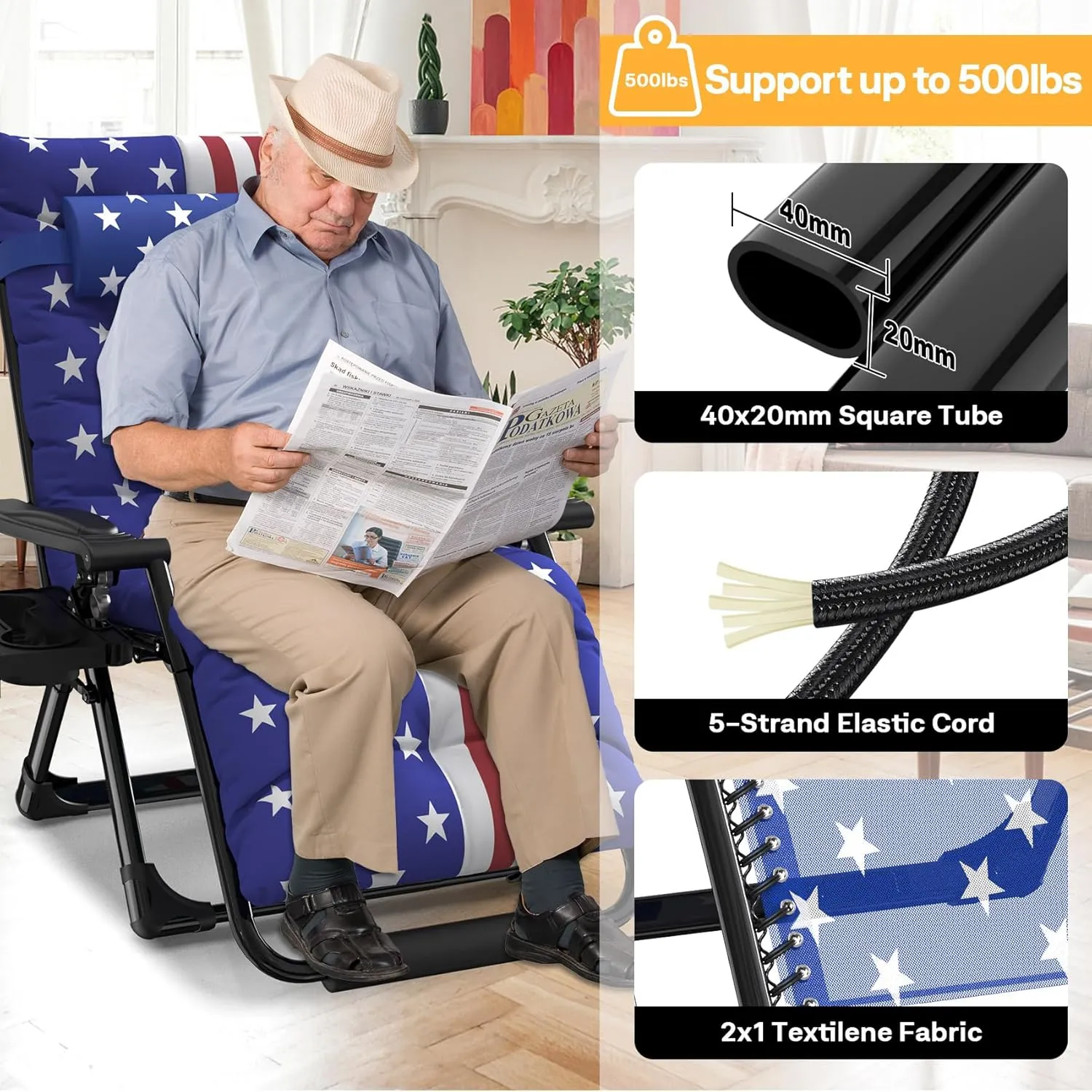 Slendor Oversized Zero Gravity Chairs XL,29IN Padded Anti Gravity Chair, Zero Gravity Lounge Chair, Folding Reclining Patio Chair w/Aluminum Alloy Lock, Headrest, Cup Holder, American Flag