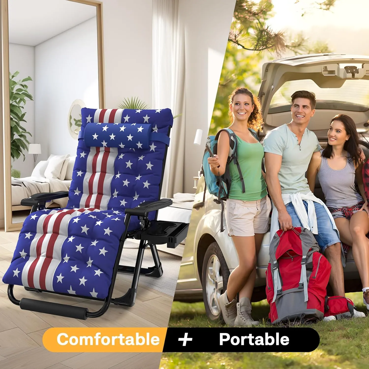 Slendor Oversized Zero Gravity Chairs XL,29IN Padded Anti Gravity Chair, Zero Gravity Lounge Chair, Folding Reclining Patio Chair w/Aluminum Alloy Lock, Headrest, Cup Holder, American Flag