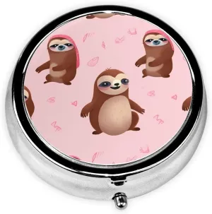 Sloth-Pink Pill Box Round Pill Case for Pocket Purse 3 Compartment Medicine Pill Organizer Cute Portable Travel Pillbox Vitamin Cod Liver Oil Storage Box Unique Gift Organizer