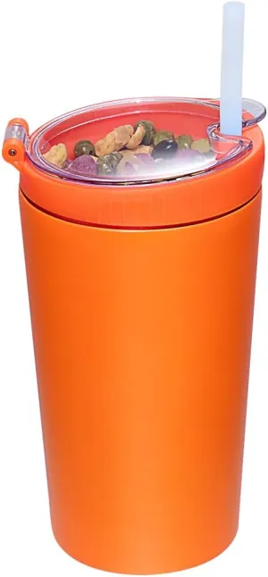 Snack tumbler with lid and straw, stainless steel insulated 2-in-1 travel coffee mug, water bottle with snack cup (Orange, 16 OZ)
