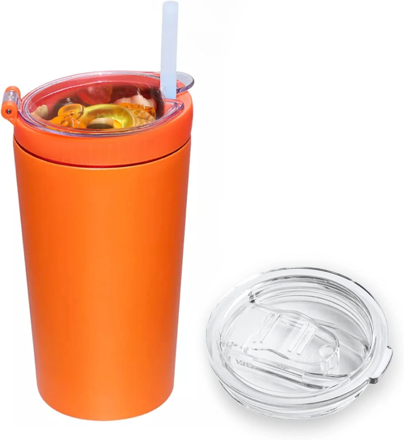 Snack tumbler with lid and straw, stainless steel insulated 2-in-1 travel coffee mug, water bottle with snack cup (Orange, 16 OZ)