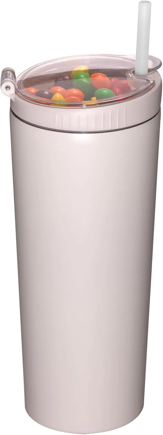 Snack tumbler with lid and straw, stainless steel insulated 2-in-1 travel coffee mug, water bottle with snack cup (Pink Beige, 22, ounces)