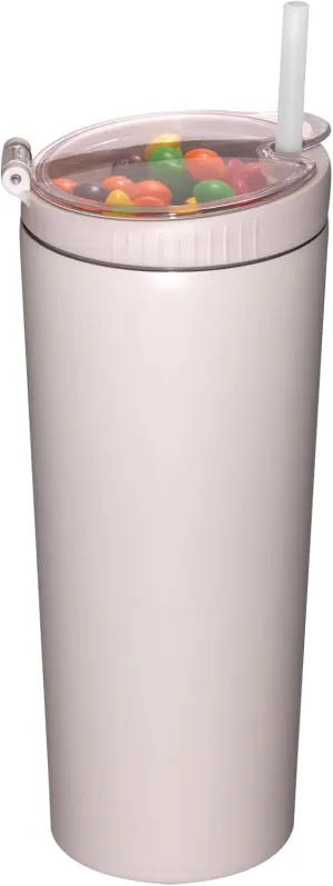 Snack tumbler with lid and straw, stainless steel insulated 2-in-1 travel coffee mug, water bottle with snack cup (Pink Beige, 22, ounces)