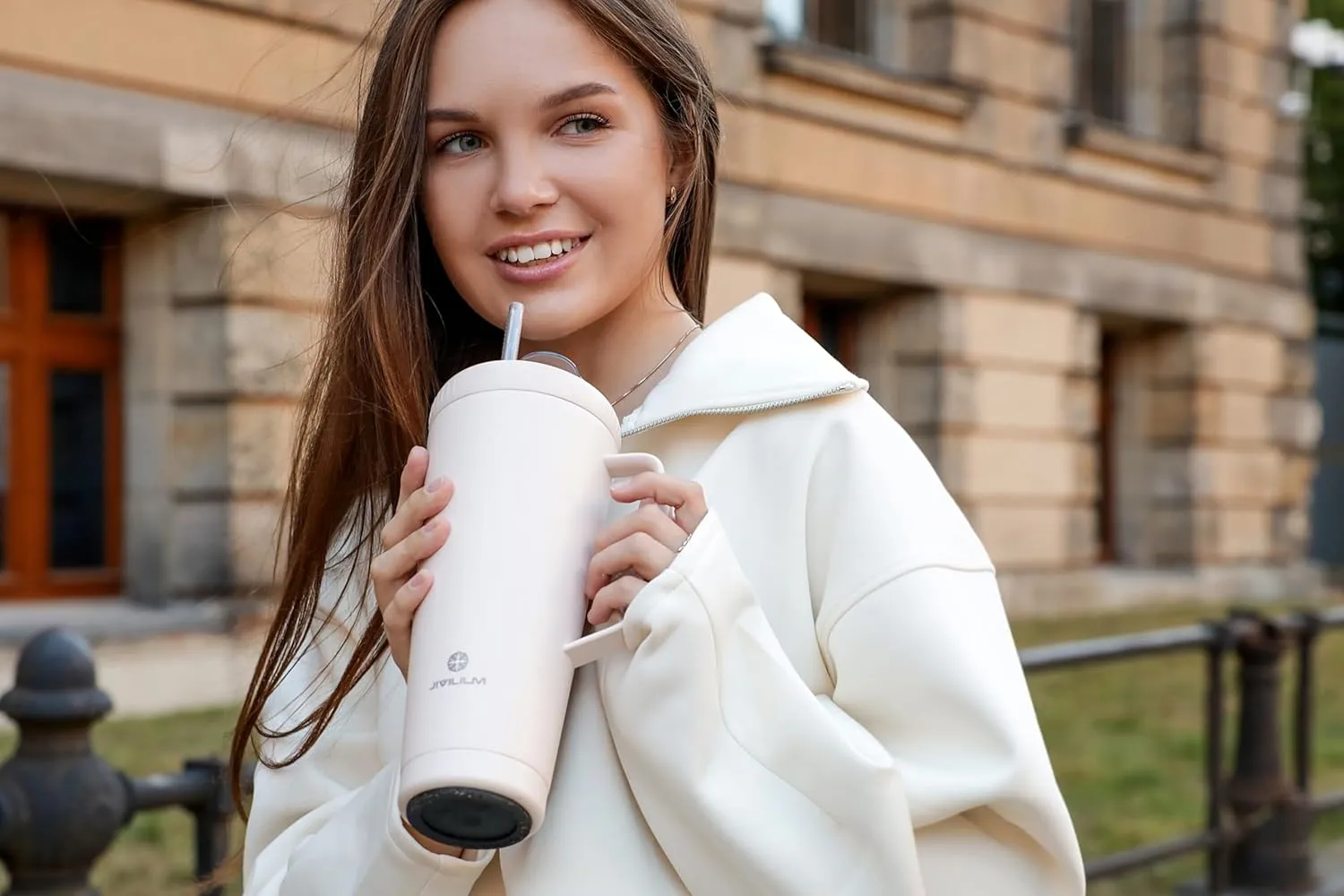 Snack tumbler with lid and straw, stainless steel insulated 2-in-1 travel coffee mug, water bottle with snack cup (Pink Beige, 22, ounces)