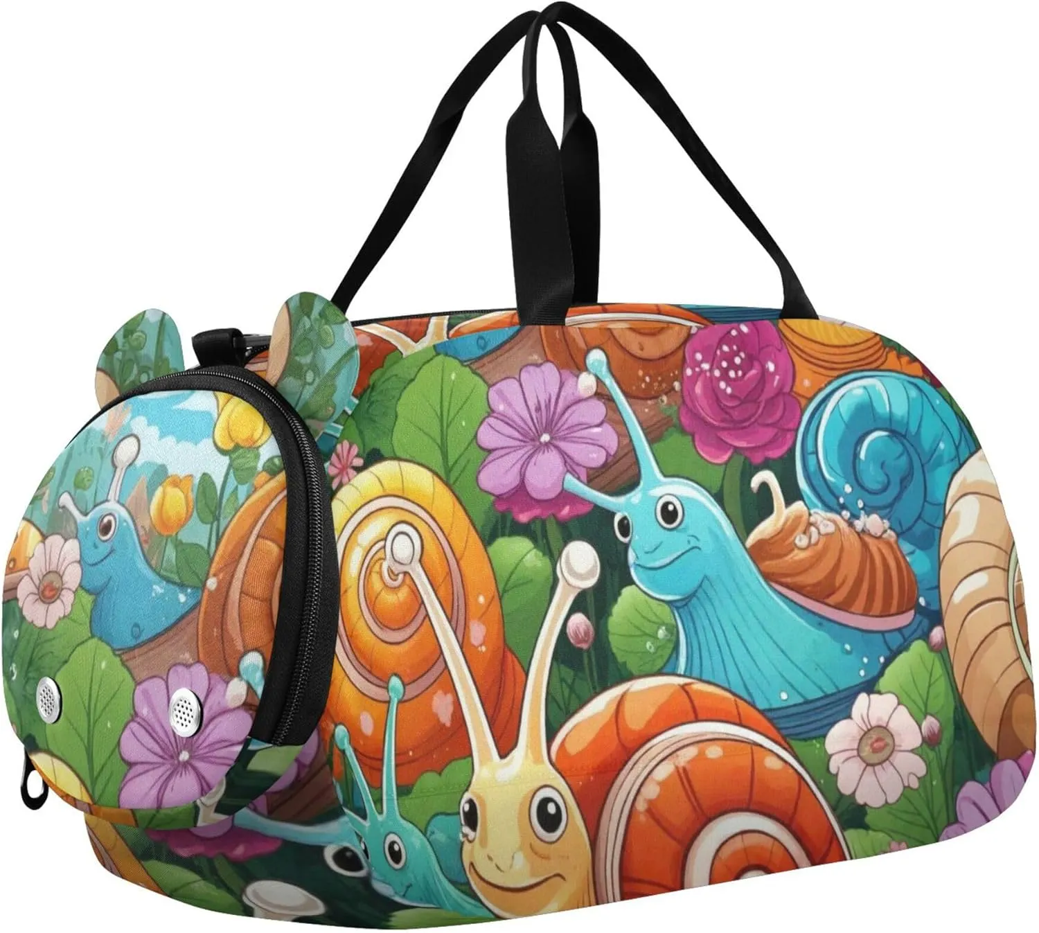 Snails and Flowers Cartoon Sports Duffle Bag for Teens Girls Boys, Gym Bag with Shoe Compartment, Kids Travel Overnight Weekender Shoulder Bag