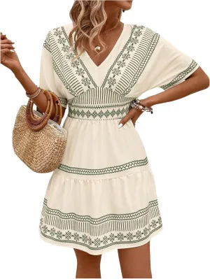 SOLY HUX Women's Geo Print V Neck Dress Short Sleeve Smocked A Line Ruffle Hem Boho Mini Dresses