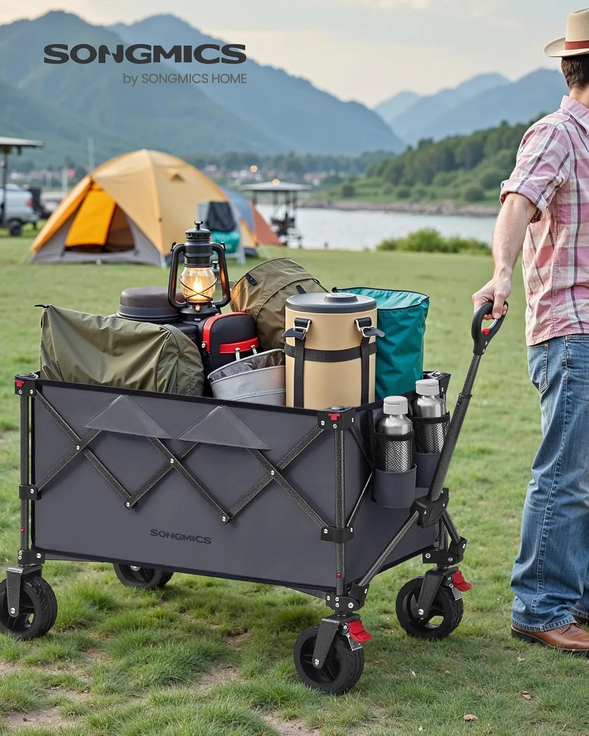 SONGMICS 40-Gallon Collaspible Wagon, Wagons Carts Foldable, for Camping Garden Outdoor, with Handle, Holds up to 330 lb, 4 Removable Wheels, Space-Saving, Slate Gray UGFW115G01