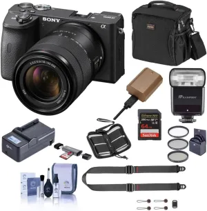 Sony Alpha a6600 Mirrorless Camera with 18-135mm Lens - Bundle with Flash, Shoulder Bag, 64GB SD Card, Extra Battery, Charger, Strap, 55mm Filter Kit, Cleaning Kit, SD Card Case, Card Reader