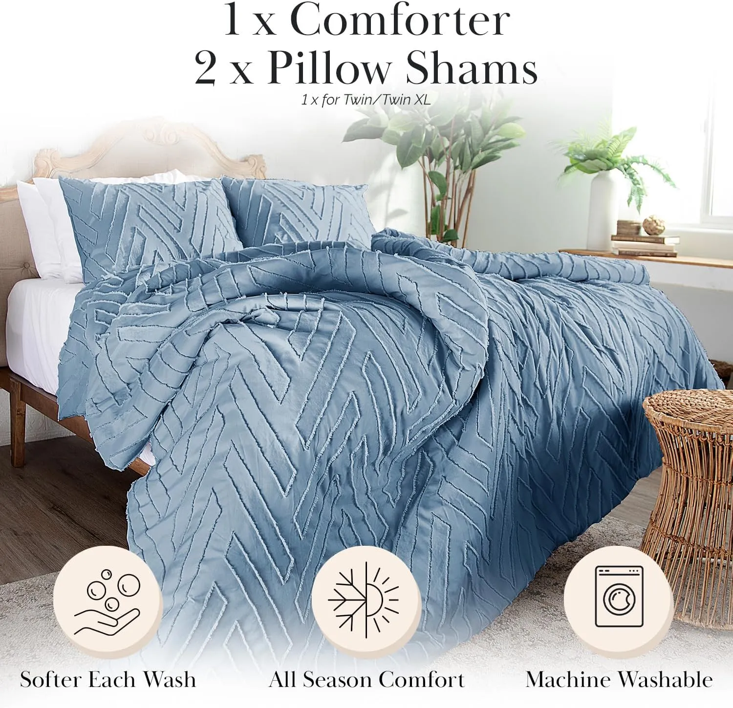 Southshore Fine Living, Inc. Clipped Jacquard Comforter Bedding Set Down Alternative All-Season Warmth, Soft Cozy Bedspread 3-Piece with Two Matching Shams, Chevron Blue, King/California King