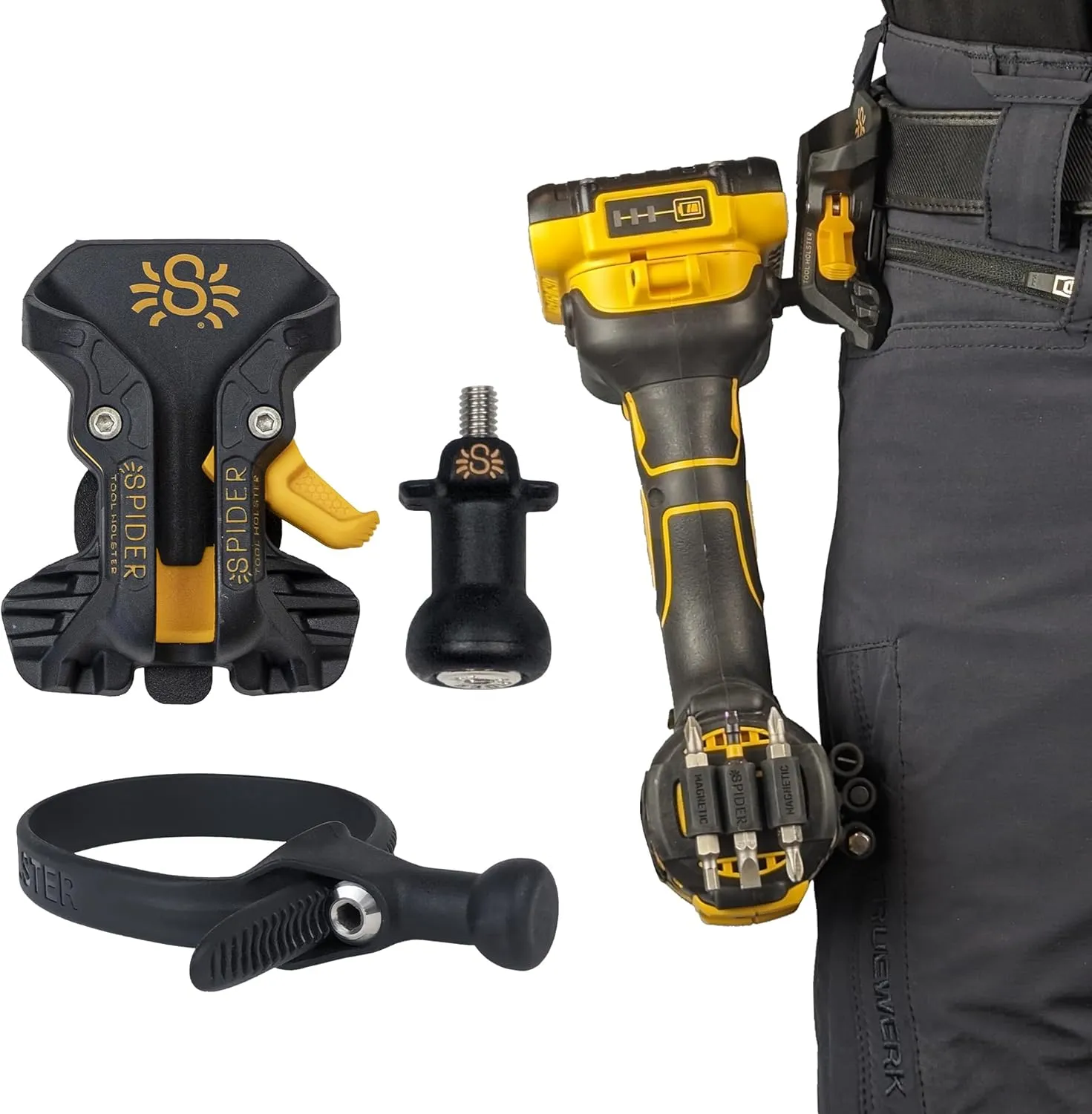 Spider Tool Holster - Pro Tool Holster   One Tool Grip   One Driver Pin - Upgraded, Self Locking Multi Tool Holder with Ambidextrous Thumb Lock
