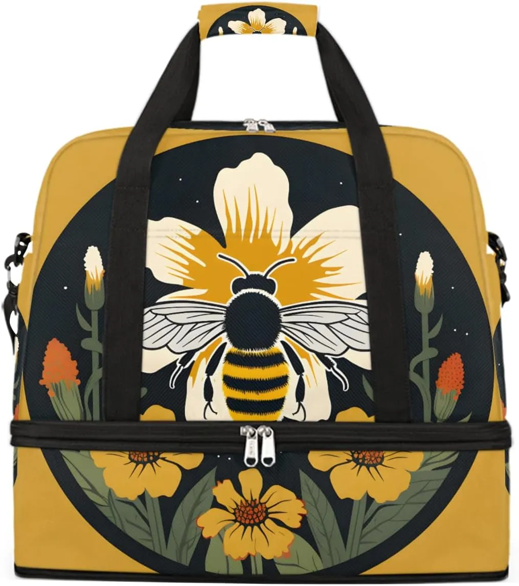 Sports Gym Bag Bee Circle Flower Large Travel Duffel Bag With Shoe Compartment Foldable Waterproof Carry-On Weekend Travel Bags for Camping Overnight Yoga Hospital Travel Bags