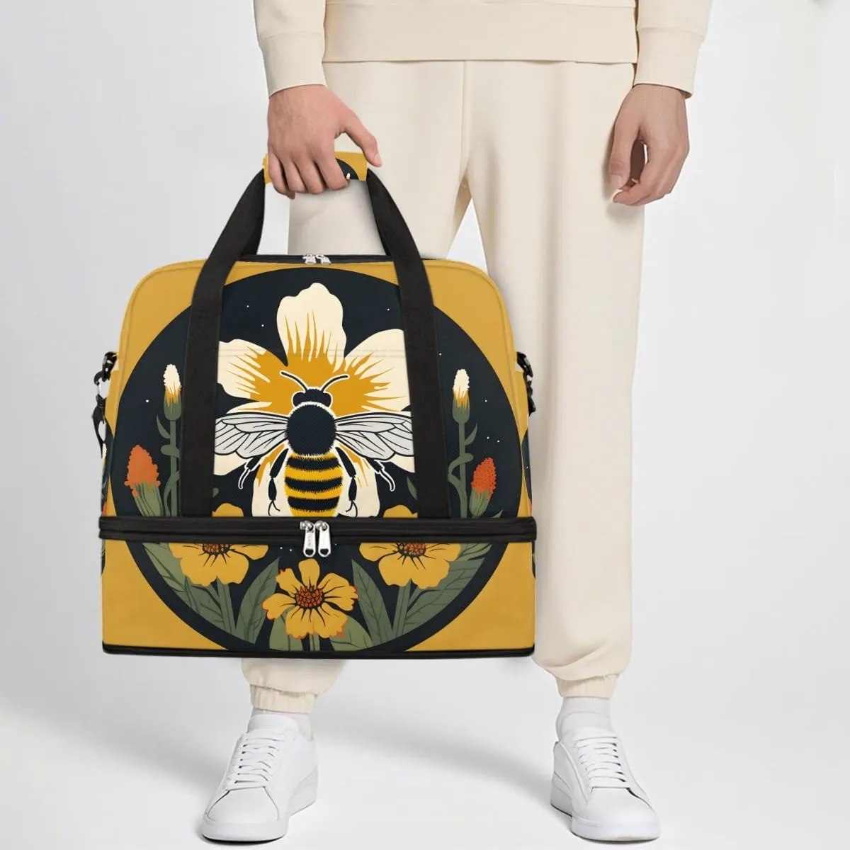 Sports Gym Bag Bee Circle Flower Large Travel Duffel Bag With Shoe Compartment Foldable Waterproof Carry-On Weekend Travel Bags for Camping Overnight Yoga Hospital Travel Bags