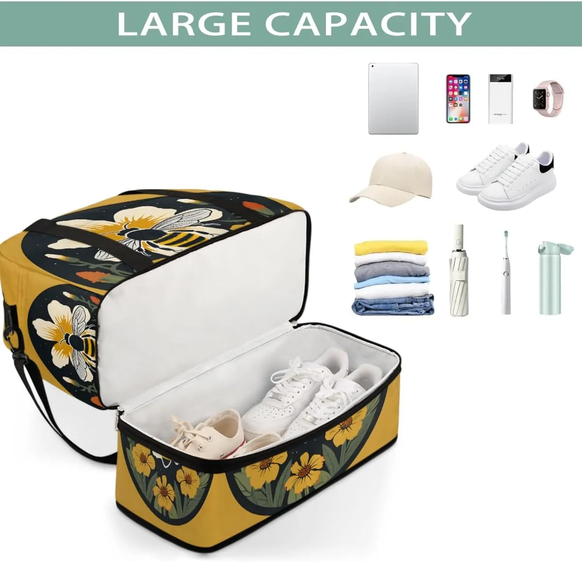 Sports Gym Bag Bee Circle Flower Large Travel Duffel Bag With Shoe Compartment Foldable Waterproof Carry-On Weekend Travel Bags for Camping Overnight Yoga Hospital Travel Bags