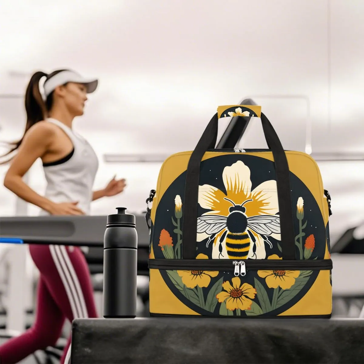 Sports Gym Bag Bee Circle Flower Large Travel Duffel Bag With Shoe Compartment Foldable Waterproof Carry-On Weekend Travel Bags for Camping Overnight Yoga Hospital Travel Bags