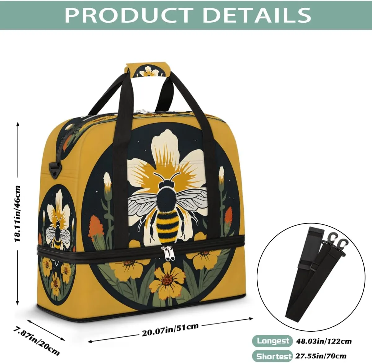 Sports Gym Bag Bee Circle Flower Large Travel Duffel Bag With Shoe Compartment Foldable Waterproof Carry-On Weekend Travel Bags for Camping Overnight Yoga Hospital Travel Bags