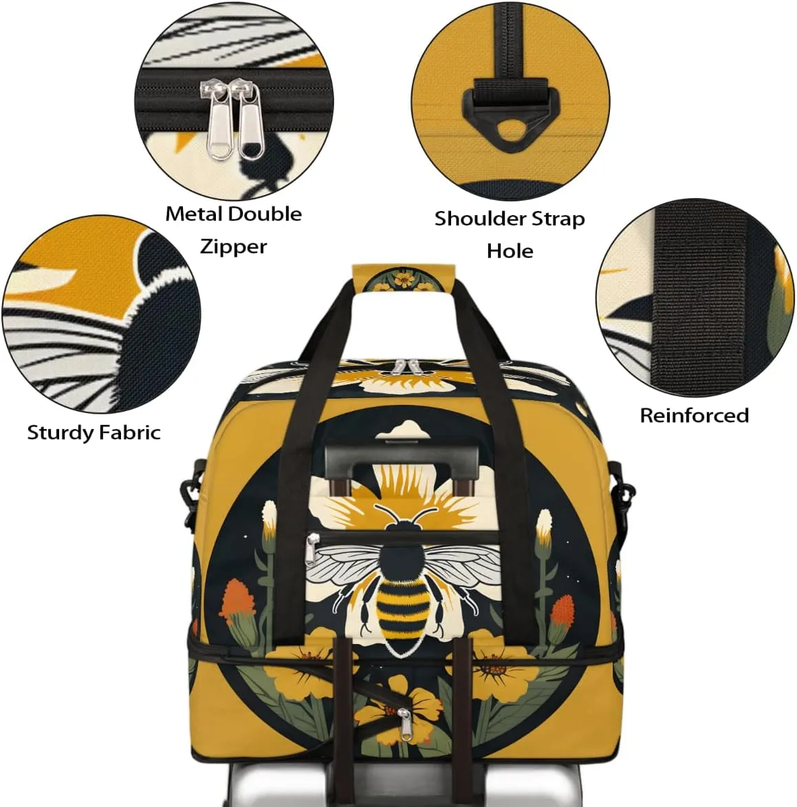 Sports Gym Bag Bee Circle Flower Large Travel Duffel Bag With Shoe Compartment Foldable Waterproof Carry-On Weekend Travel Bags for Camping Overnight Yoga Hospital Travel Bags