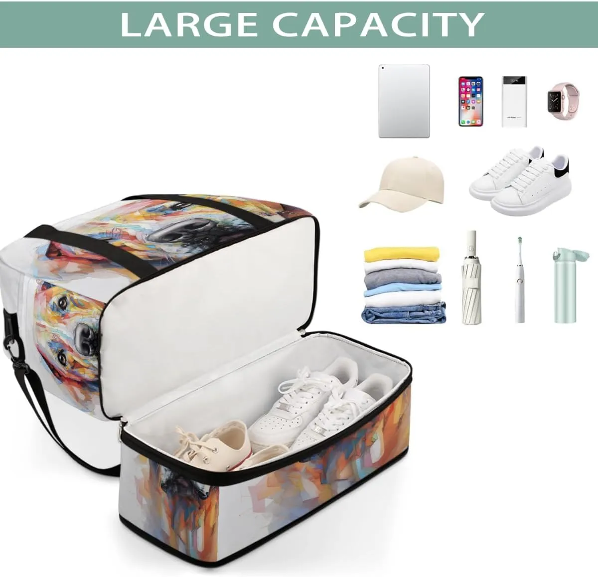 Sports Gym Bag Dog Abstract Animal Large Travel Duffel Bag With Shoe Compartment Foldable Waterproof Carry-On Weekend Travel Bags for Camping Overnight Yoga Hospital Travel Bags