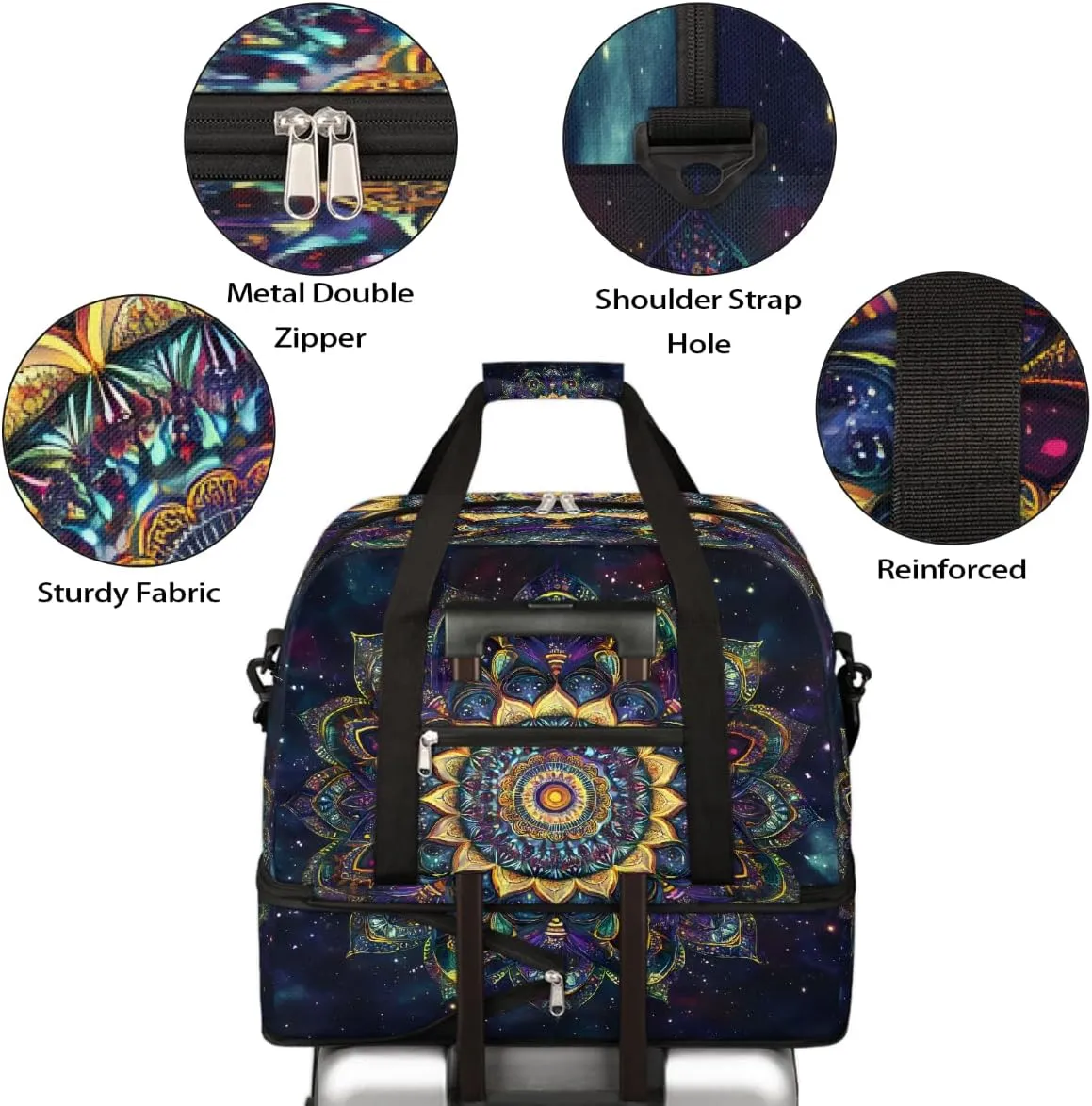 Sports Gym Bag Ethnic Style Mandala Flower Large Travel Duffel Bag With Shoe Compartment Foldable Waterproof Carry-On Weekend Travel Bags for Camping Overnight Yoga Hospital Travel Bags