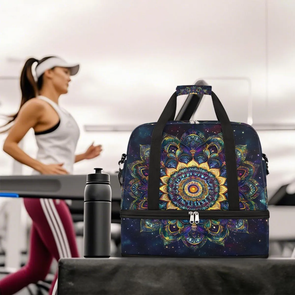 Sports Gym Bag Ethnic Style Mandala Flower Large Travel Duffel Bag With Shoe Compartment Foldable Waterproof Carry-On Weekend Travel Bags for Camping Overnight Yoga Hospital Travel Bags