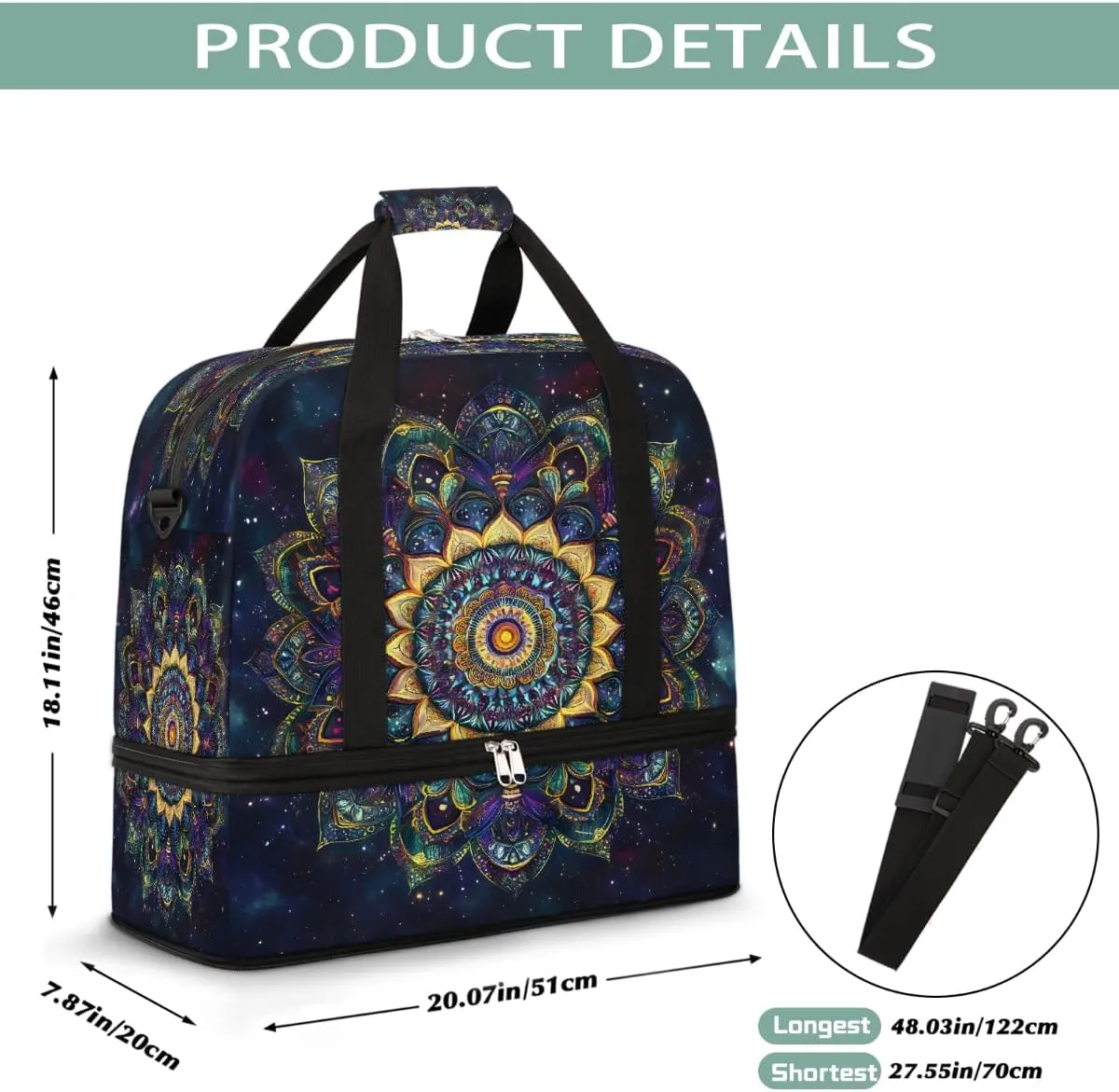 Sports Gym Bag Ethnic Style Mandala Flower Large Travel Duffel Bag With Shoe Compartment Foldable Waterproof Carry-On Weekend Travel Bags for Camping Overnight Yoga Hospital Travel Bags