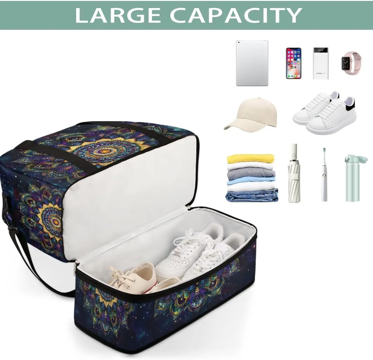 Sports Gym Bag Ethnic Style Mandala Flower Large Travel Duffel Bag With Shoe Compartment Foldable Waterproof Carry-On Weekend Travel Bags for Camping Overnight Yoga Hospital Travel Bags