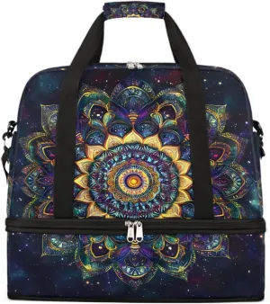 Sports Gym Bag Ethnic Style Mandala Flower Large Travel Duffel Bag With Shoe Compartment Foldable Waterproof Carry-On Weekend Travel Bags for Camping Overnight Yoga Hospital Travel Bags