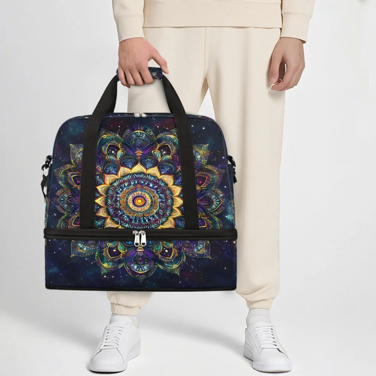 Sports Gym Bag Ethnic Style Mandala Flower Large Travel Duffel Bag With Shoe Compartment Foldable Waterproof Carry-On Weekend Travel Bags for Camping Overnight Yoga Hospital Travel Bags