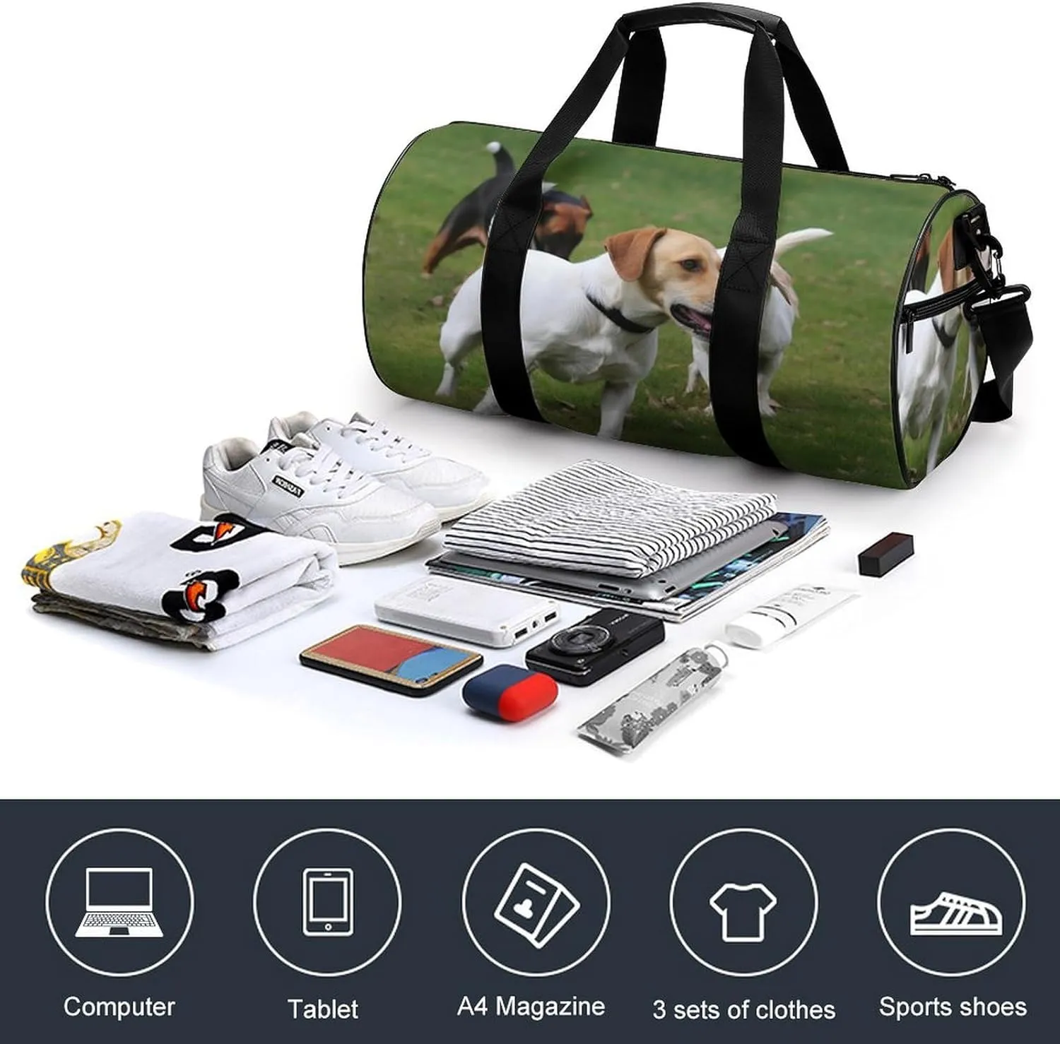 Sports Gym Bag for Women Men Travel Duffel Bag Tote Weekender Bag Dogs Playing On The Lawn Carry on Overnight Bag for Travel Swimming Fitness Workout Sports Duffle Bag