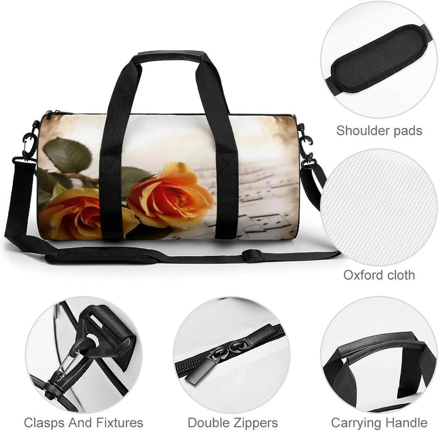 Sports Gym Bag for Women Men Travel Duffel Bag Tote Weekender Bag Music Roses Romantic Carry on Overnight Bag for Travel Swimming Fitness Workout Sports Duffle Bag