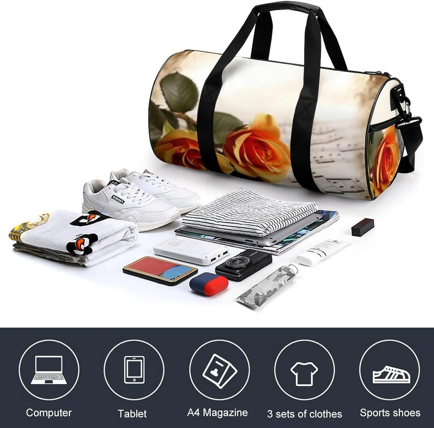 Sports Gym Bag for Women Men Travel Duffel Bag Tote Weekender Bag Music Roses Romantic Carry on Overnight Bag for Travel Swimming Fitness Workout Sports Duffle Bag