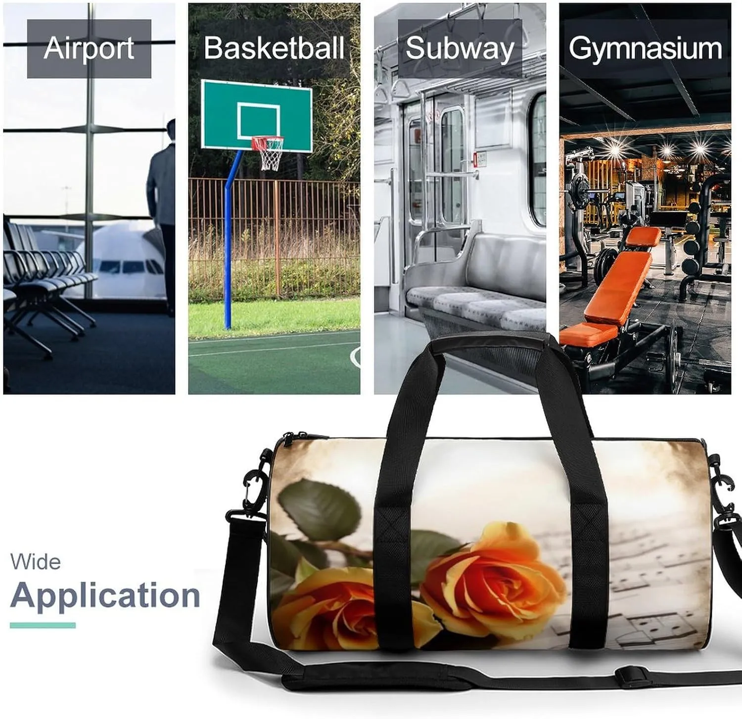 Sports Gym Bag for Women Men Travel Duffel Bag Tote Weekender Bag Music Roses Romantic Carry on Overnight Bag for Travel Swimming Fitness Workout Sports Duffle Bag