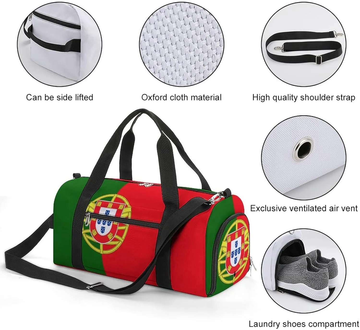 Sports Gym Bag Portugal Flag Duffel with Shoe Compartment Waterproof Travel Weekender