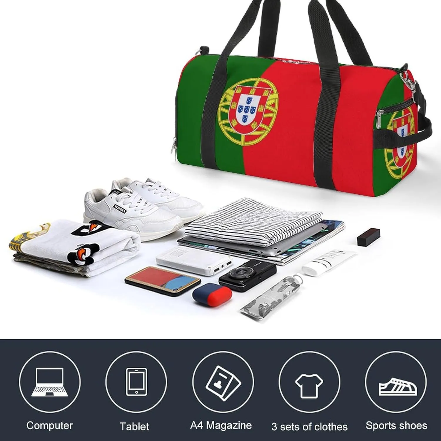 Sports Gym Bag Portugal Flag Duffel with Shoe Compartment Waterproof Travel Weekender