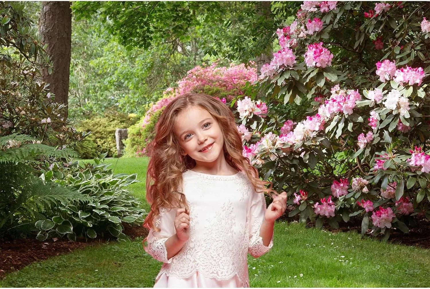 Spring Garden Backdrop Pink Blooming Flowers Green Grassland Photography Background Natural Scenery Garden Theme Backdrop Decors for Outdoor Picnic Tea Party Banner Portrait Photo Shoot Props 7x5ft