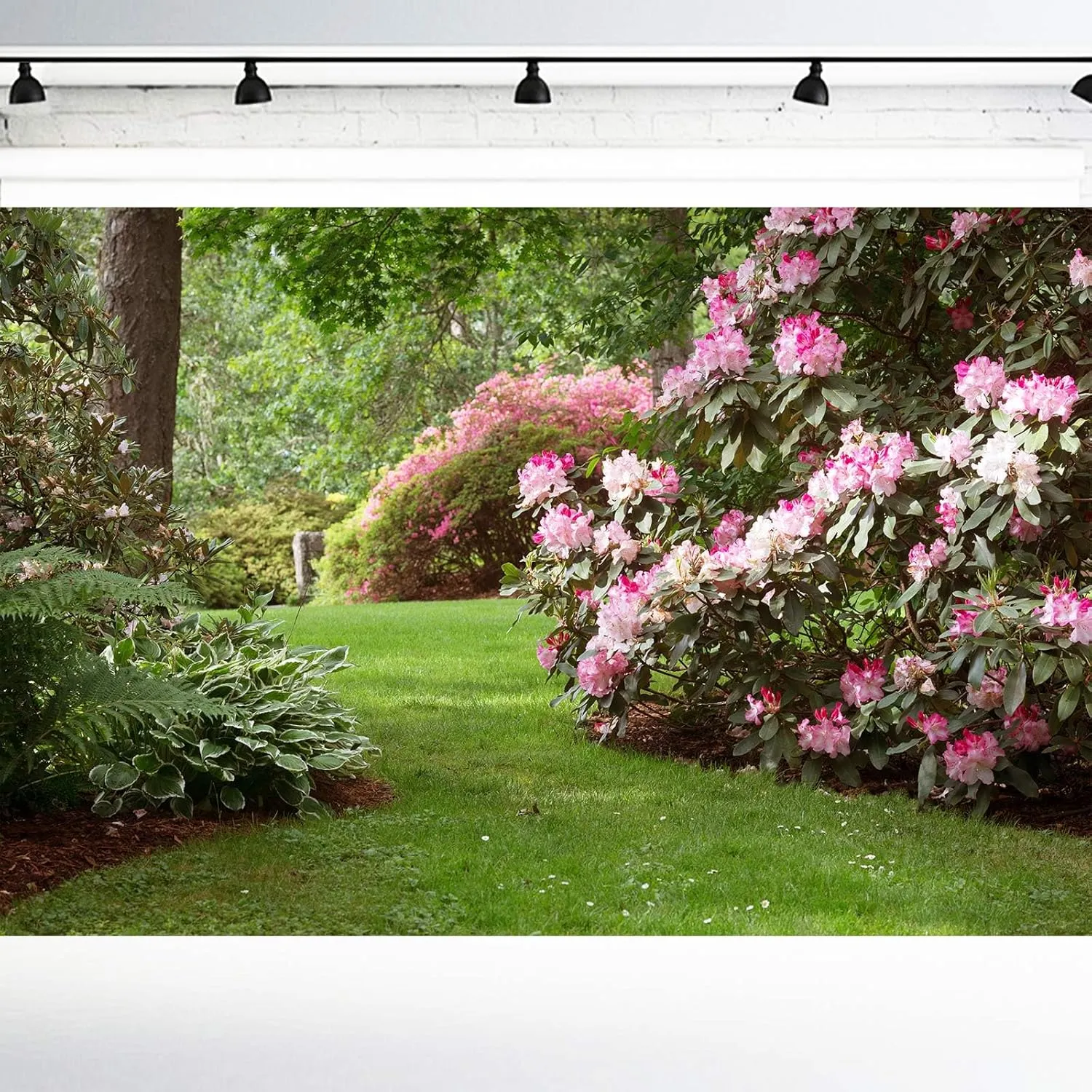 Spring Garden Backdrop Pink Blooming Flowers Green Grassland Photography Background Natural Scenery Garden Theme Backdrop Decors for Outdoor Picnic Tea Party Banner Portrait Photo Shoot Props 7x5ft