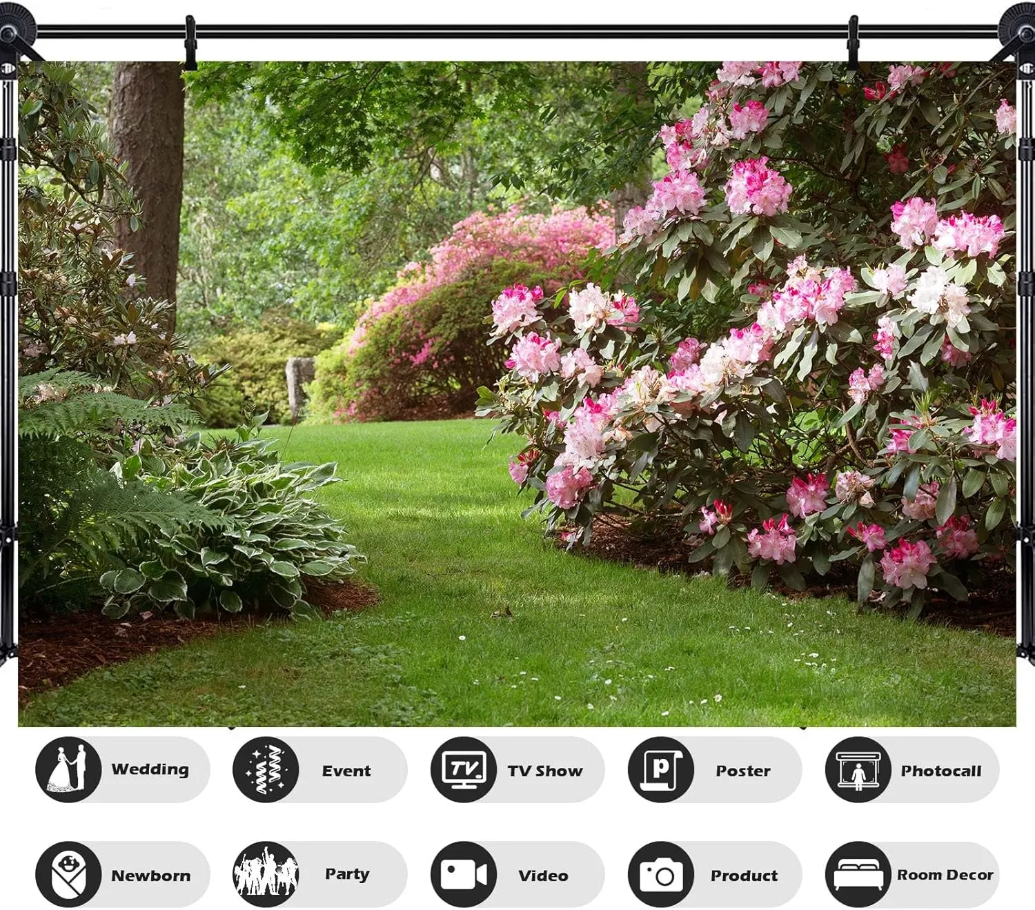 Spring Garden Backdrop Pink Blooming Flowers Green Grassland Photography Background Natural Scenery Garden Theme Backdrop Decors for Outdoor Picnic Tea Party Banner Portrait Photo Shoot Props 7x5ft