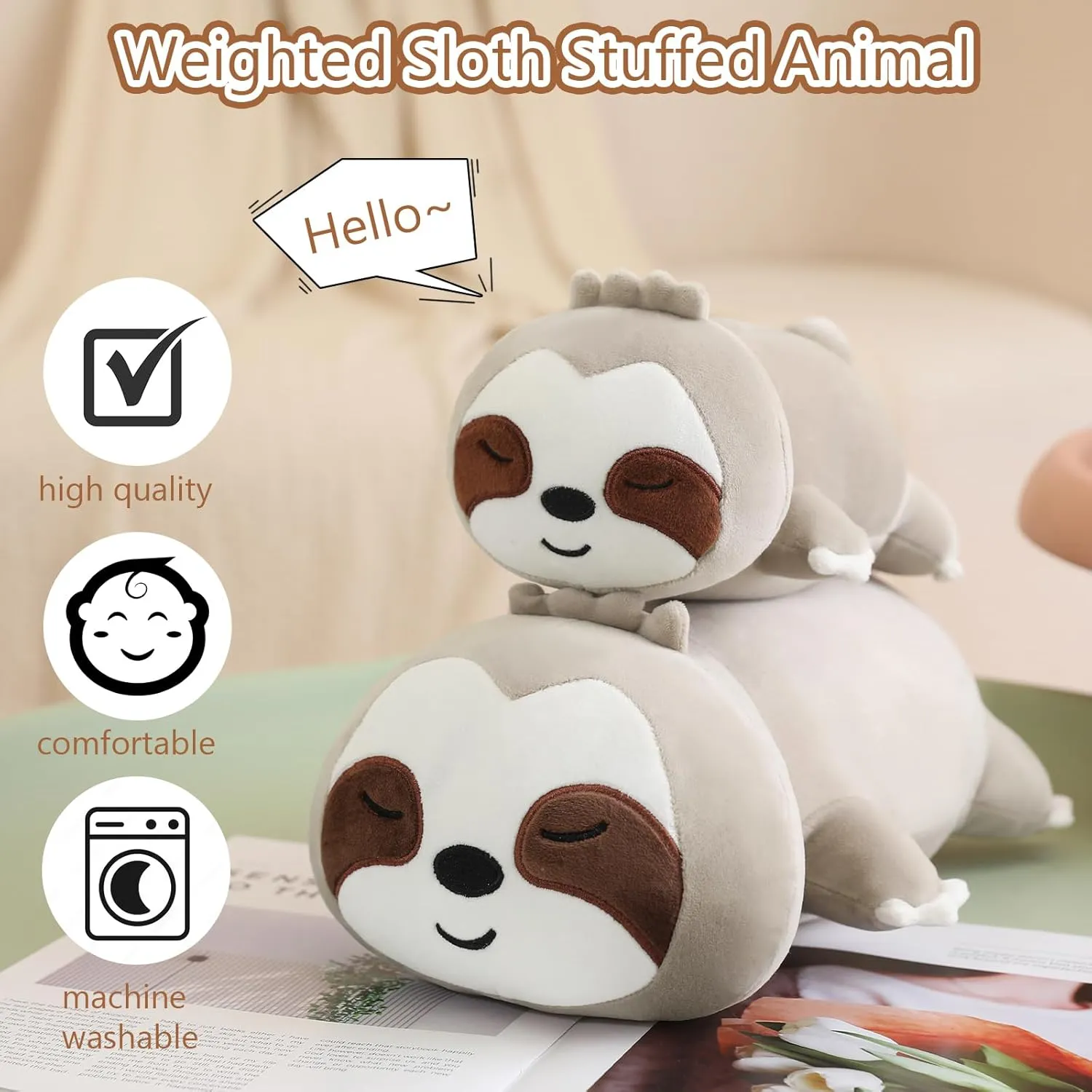SQEQE Weighted Sloth Plush, Weighted Sloth Stuffed Animal, Cute Sloth Plushies Sloth Pillow Toy Gift for Kids Adults Brown 9.8 Inch, 0.8 Lbs