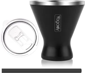 Stainless Steel Martini Tumbler with Lid & Cuttable Silicone Straw - 10oz Vacuum Sealed Insulated Martini Glass - Elegant Design Margarita Glass for Perfectly Chilled Drinks (Black)