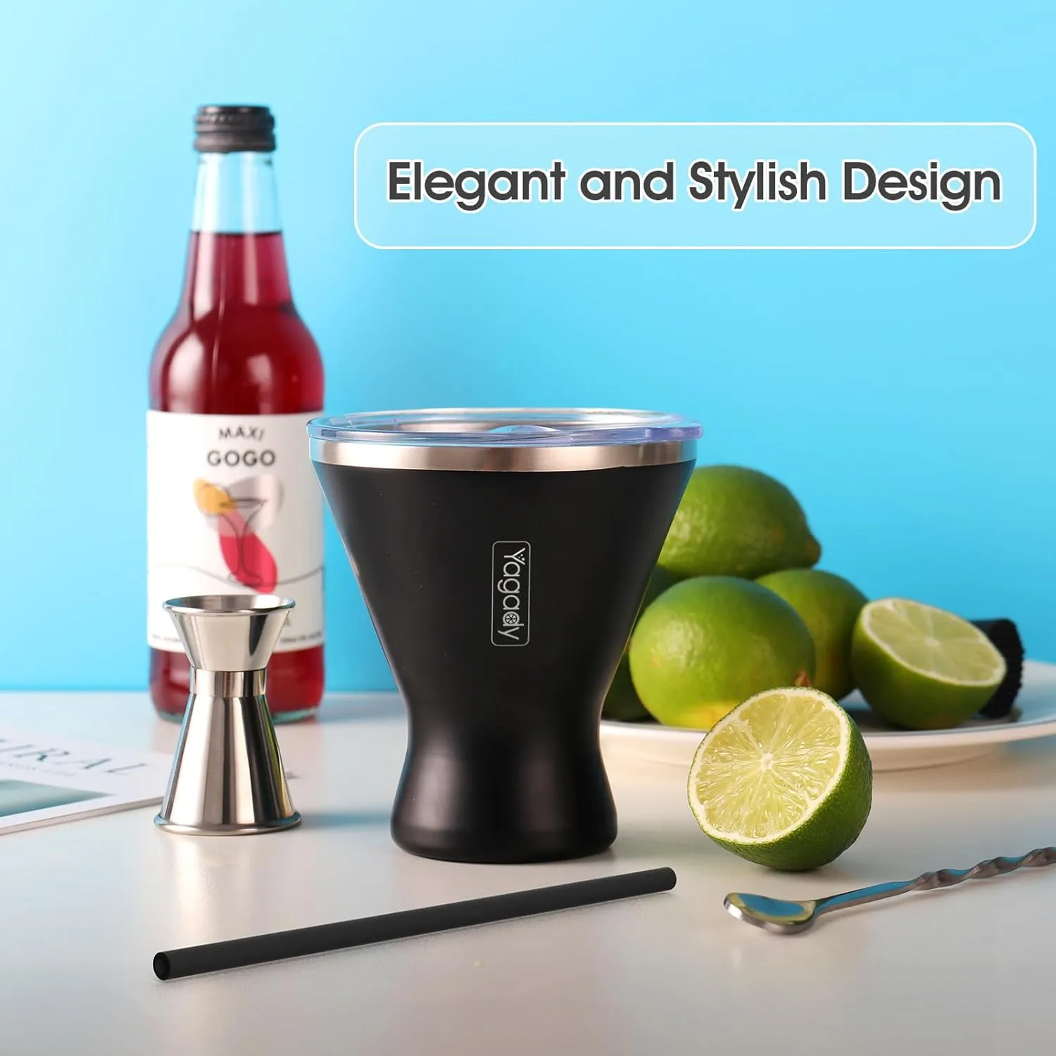 Stainless Steel Martini Tumbler with Lid & Cuttable Silicone Straw - 10oz Vacuum Sealed Insulated Martini Glass - Elegant Design Margarita Glass for Perfectly Chilled Drinks (Black)