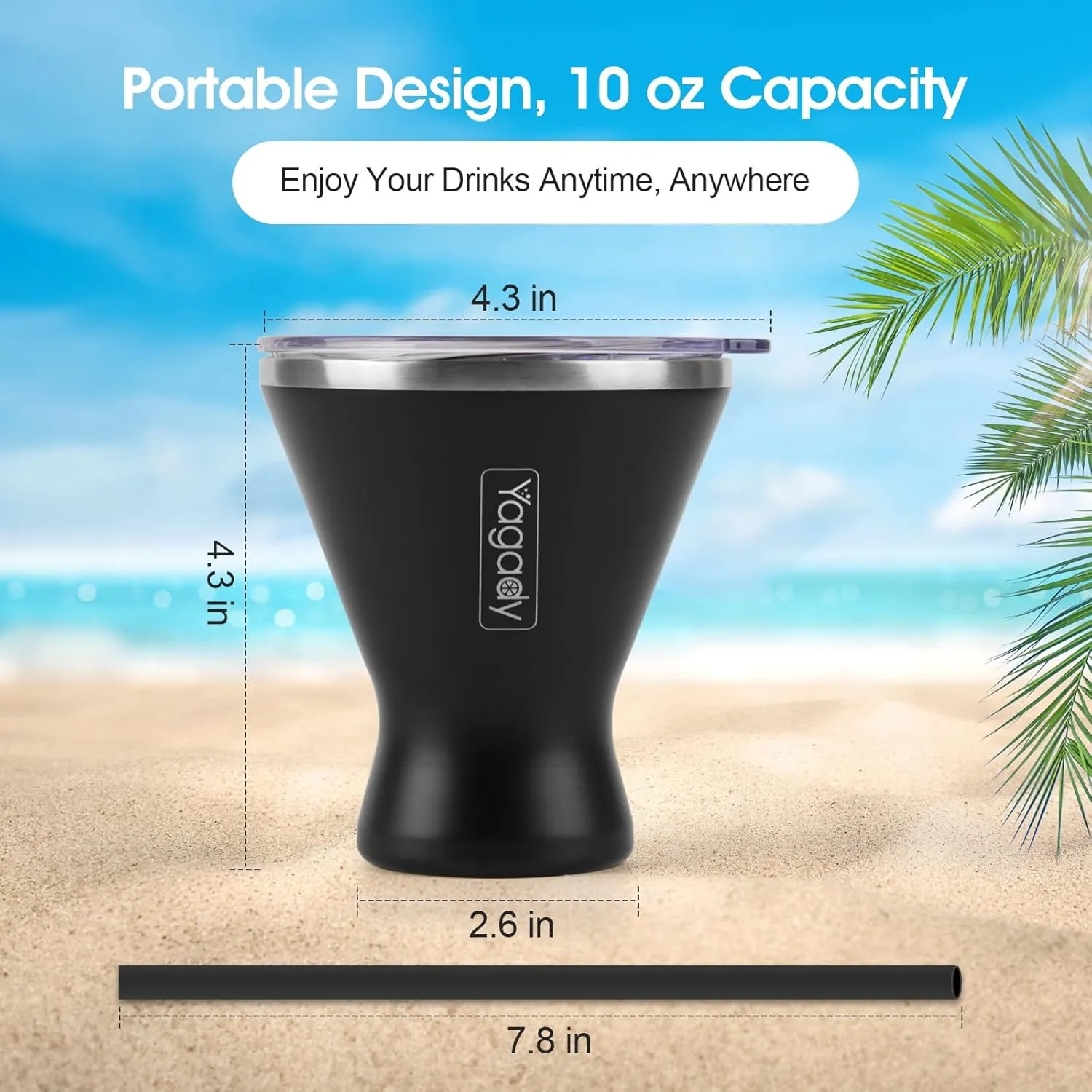 Stainless Steel Martini Tumbler with Lid & Cuttable Silicone Straw - 10oz Vacuum Sealed Insulated Martini Glass - Elegant Design Margarita Glass for Perfectly Chilled Drinks (Black)