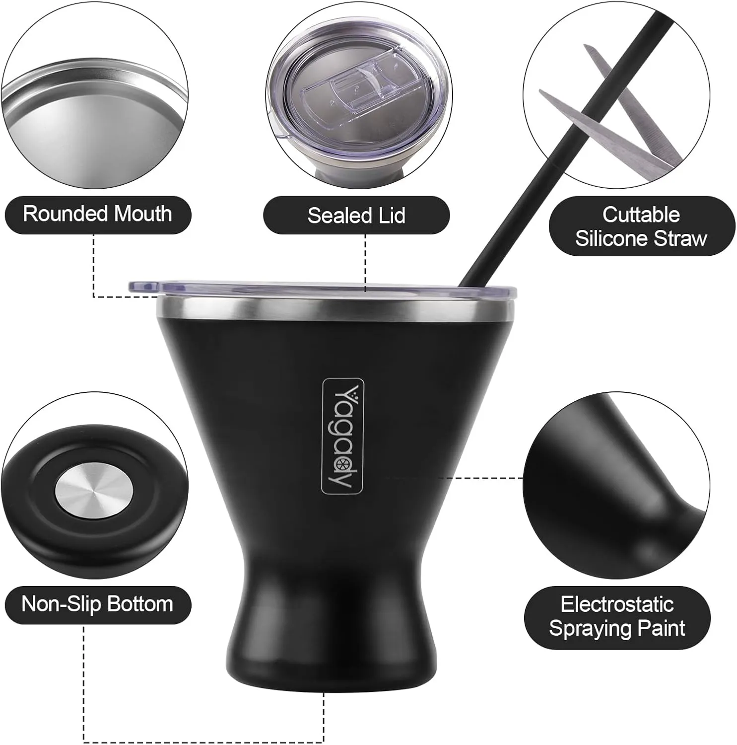 Stainless Steel Martini Tumbler with Lid & Cuttable Silicone Straw - 10oz Vacuum Sealed Insulated Martini Glass - Elegant Design Margarita Glass for Perfectly Chilled Drinks (Black)