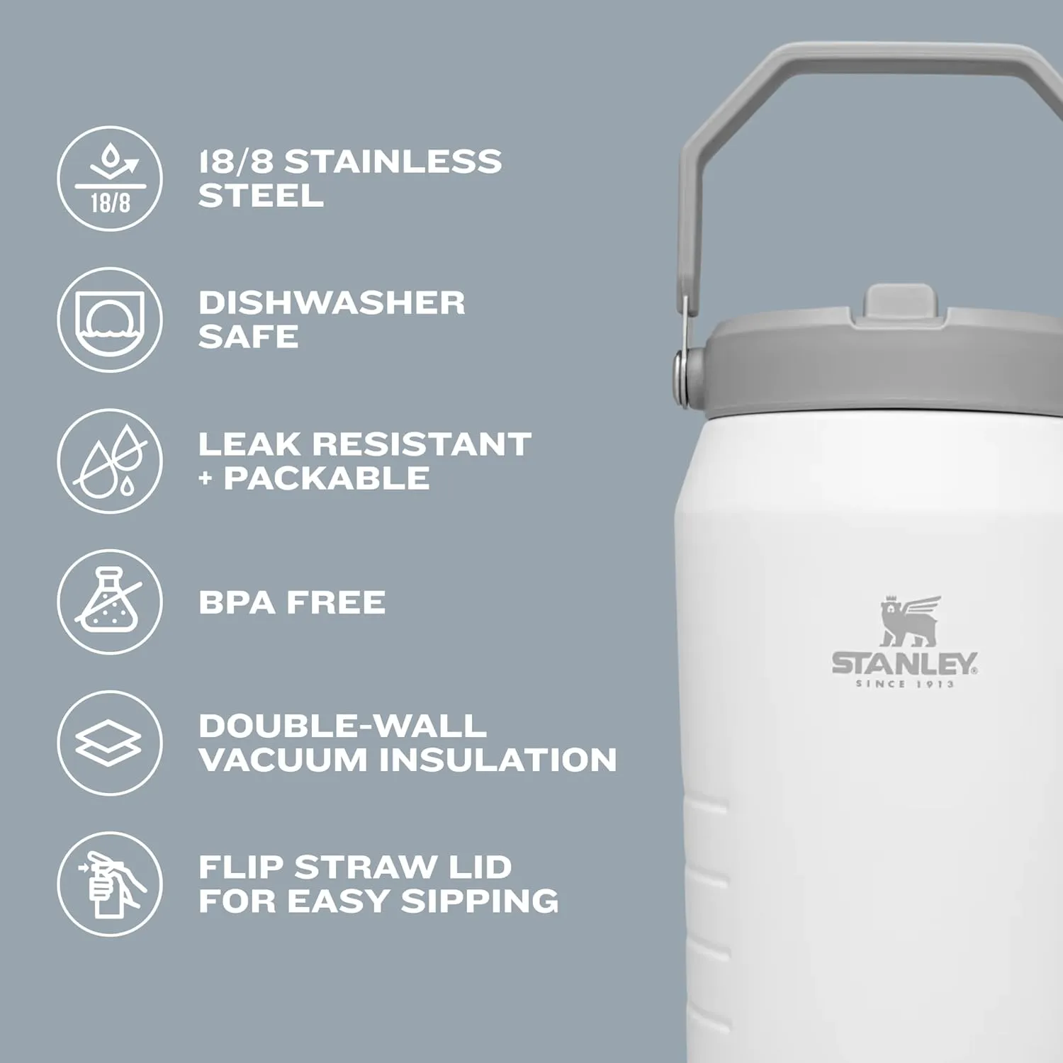 Stanley IceFlow Flip Straw Jug with Handle 64 oz| Twist On Lid and Flip Up Straw | Leak Resistant for Travel and Sports | Insulated Stainless Steel | BPA-Free |Cloud