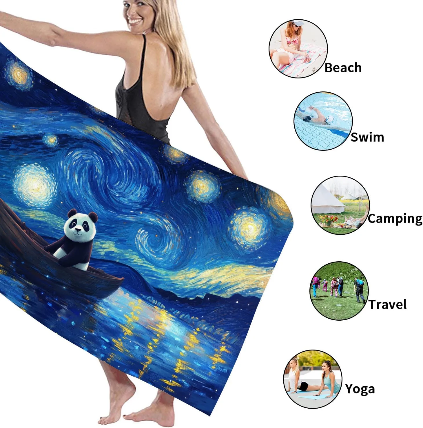 Starry Sky Panda Beach Towel Blue Vintage Art Microfiber Sand Free Quick Dry Absorbent Lightweight Camping Picnic Essentials 70x35 Inch
