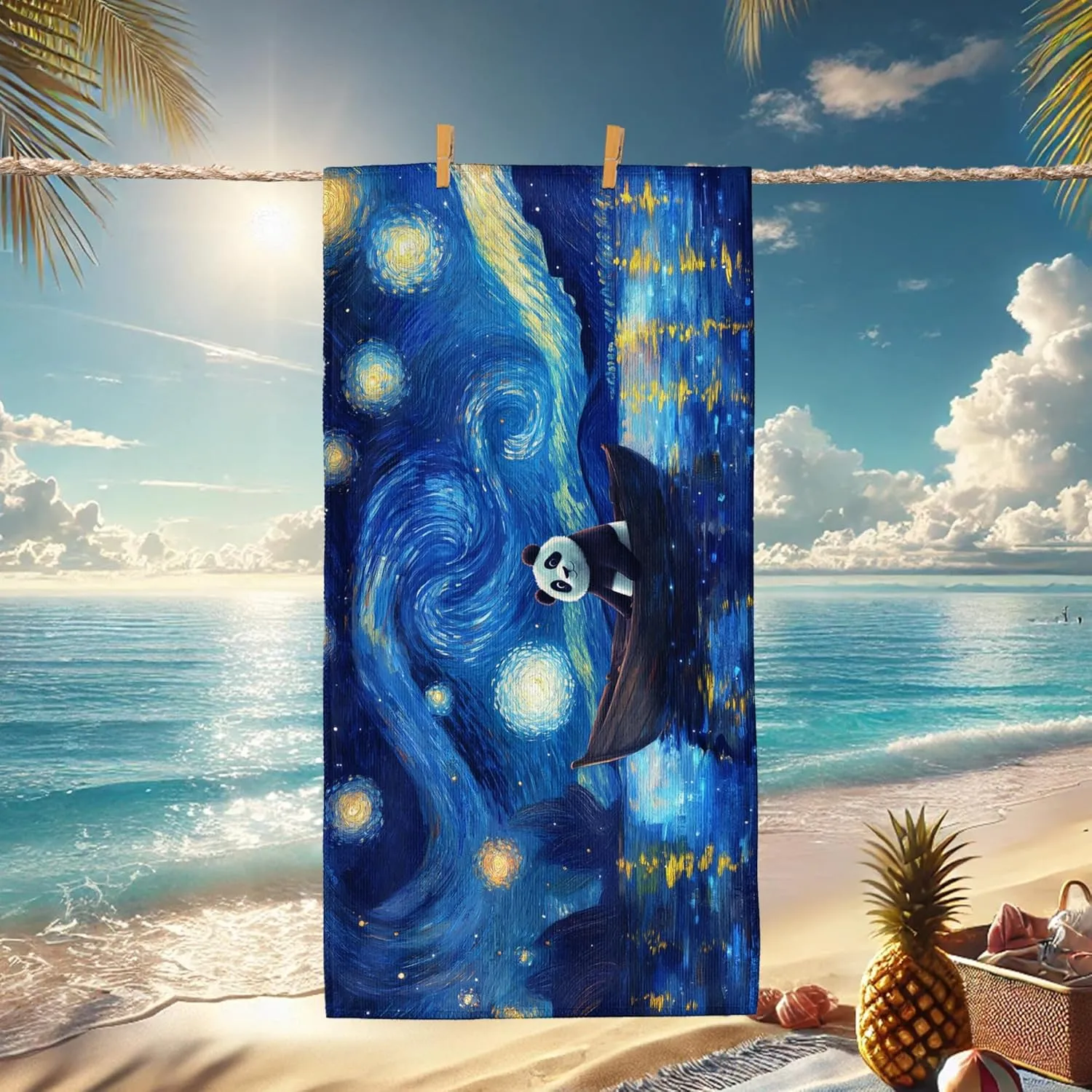 Starry Sky Panda Beach Towel Blue Vintage Art Microfiber Sand Free Quick Dry Absorbent Lightweight Camping Picnic Essentials 70x35 Inch