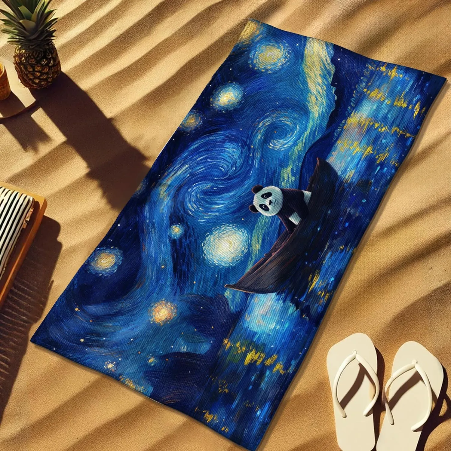 Starry Sky Panda Beach Towel Blue Vintage Art Microfiber Sand Free Quick Dry Absorbent Lightweight Camping Picnic Essentials 70x35 Inch